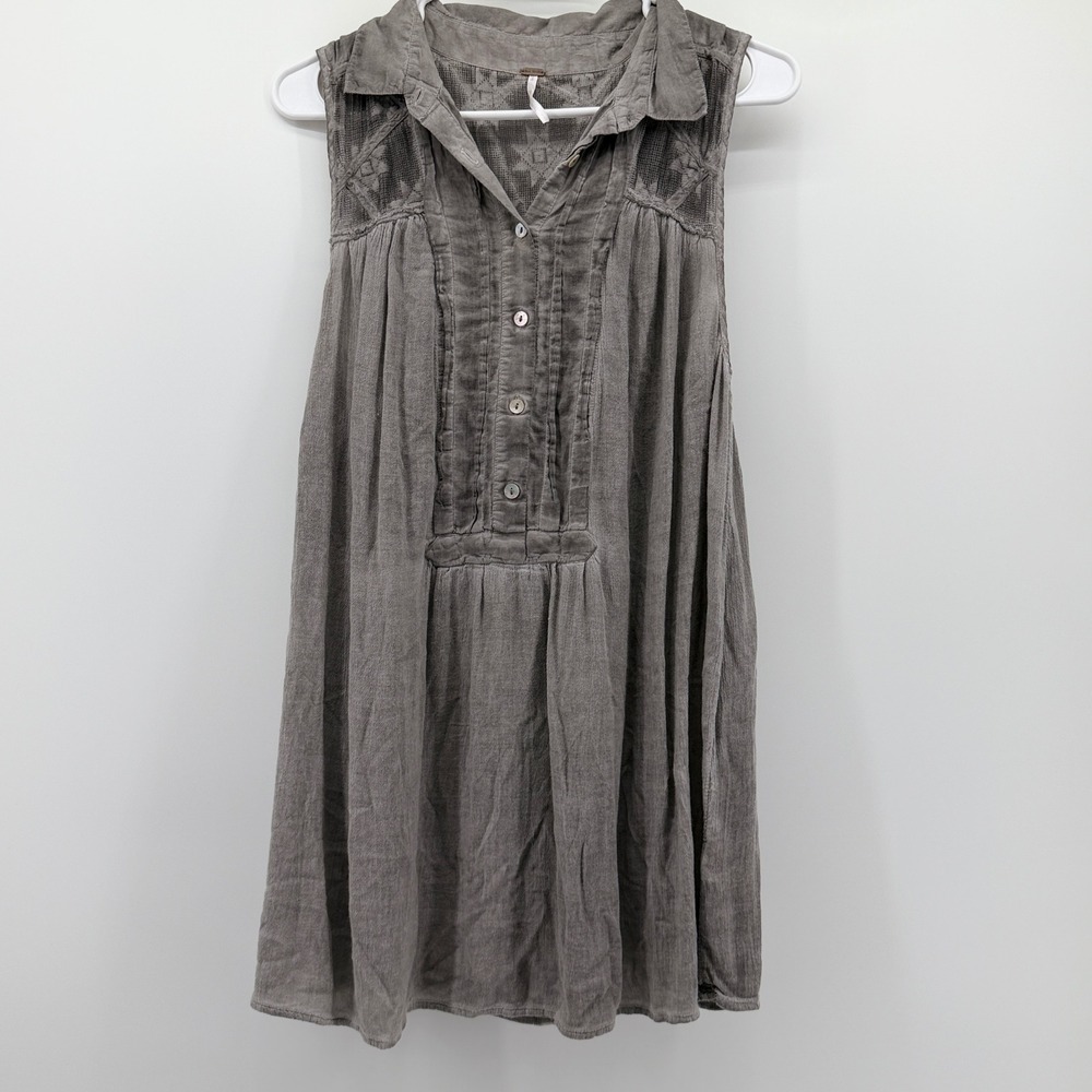 Free People Gray Sleeveless Embroidered Gauze Babydoll Tunic Top Womens Small